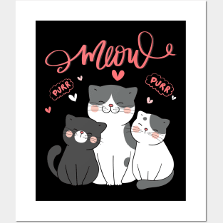 Grey Pink Cartoon Cute Meow Cat Posters and Art